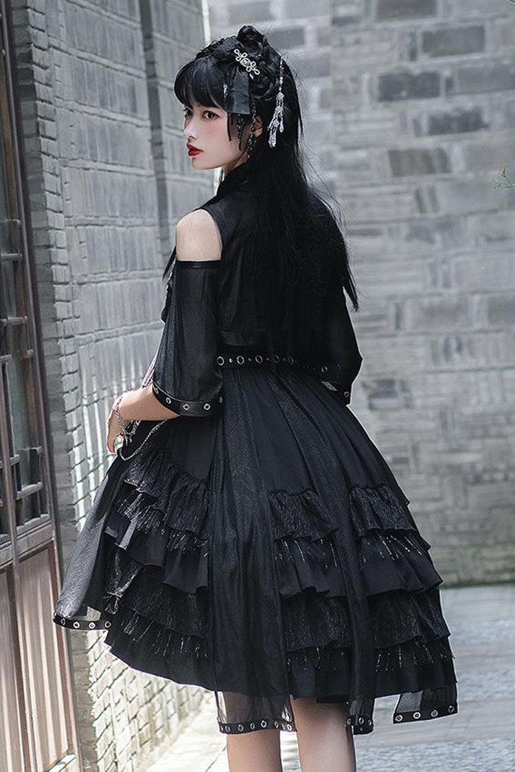 Lolita JSK Dress - Dark Boat Neck Dragon Print, Black, High Waist, Printed, Gothic Style - additional product view 6
