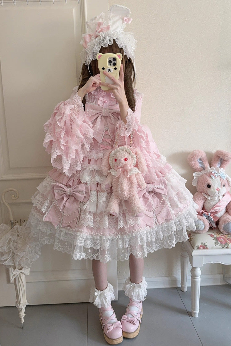Lolita JSK Dress - Knot Of The Crossed Heart, Pink, Ruffled, Layered, Lace-Up - additional product view 4