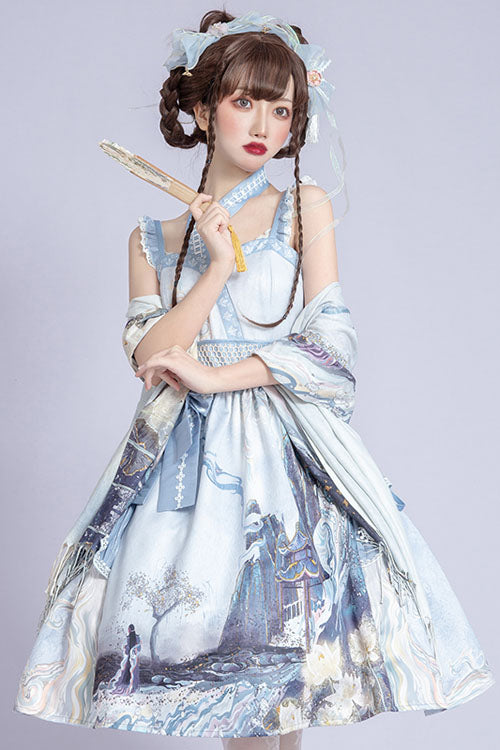 Lolita JSK Dress - Light Blue Vintage Landscape, Blue, High Waist, Classic Style - additional product view 3