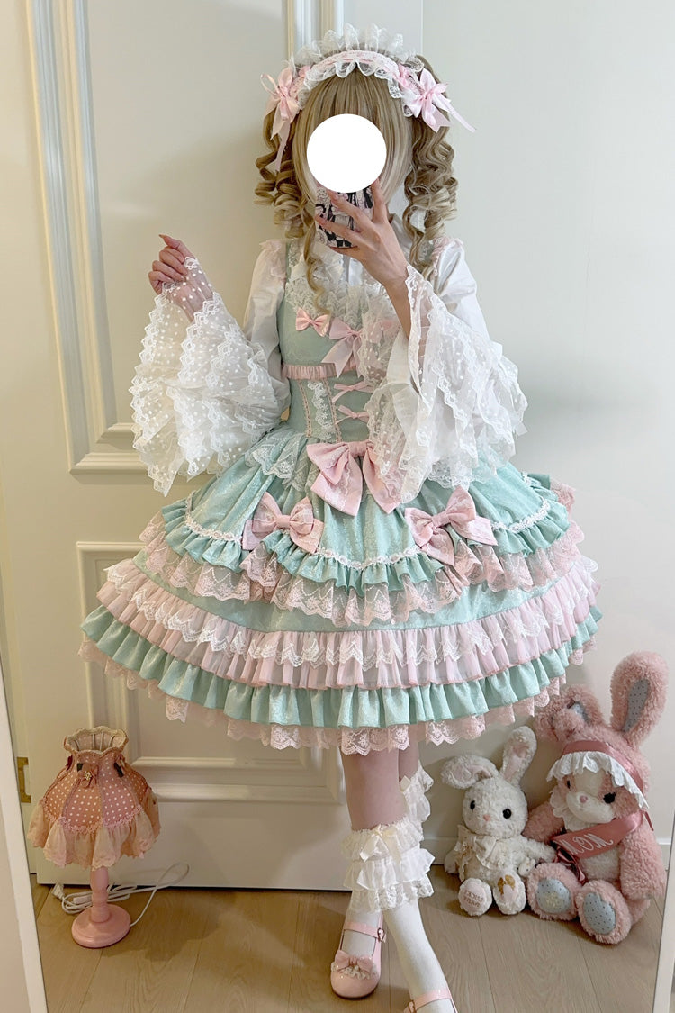 Lolita JSK Dress - Multi-layered, Green, Sweet Style, Bow Detail, Lace Trim - additional product view 8