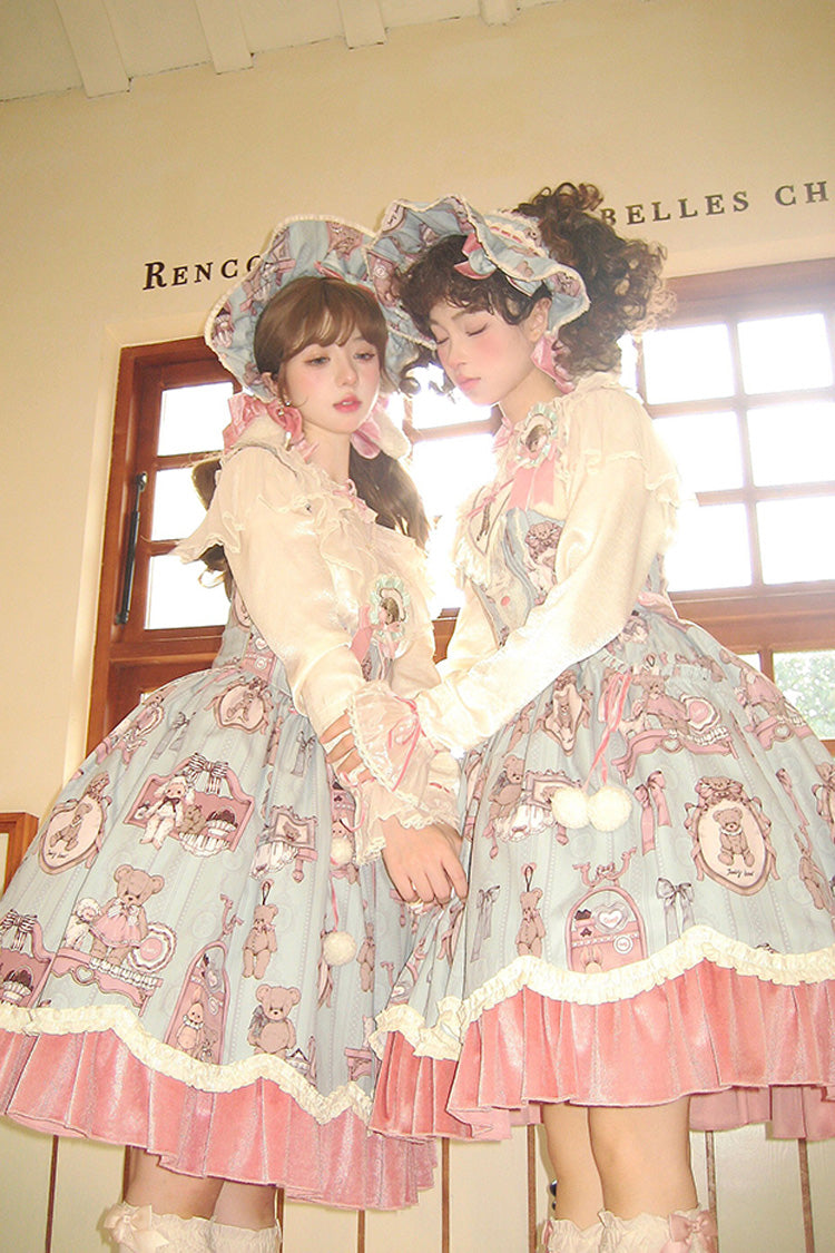 Lolita JSK Dress - Pink/green Bear Doll Wall Print, 2 Colors, Ruffled, Printed - additional product view 9