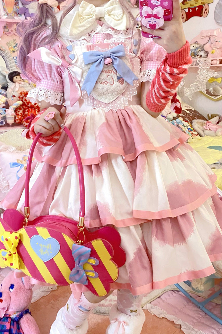 Lolita JSK Dress - Triple-layered Cow Print Ruffle, Pink, Bow Detail, Ruffled, Printed - additional product view 12