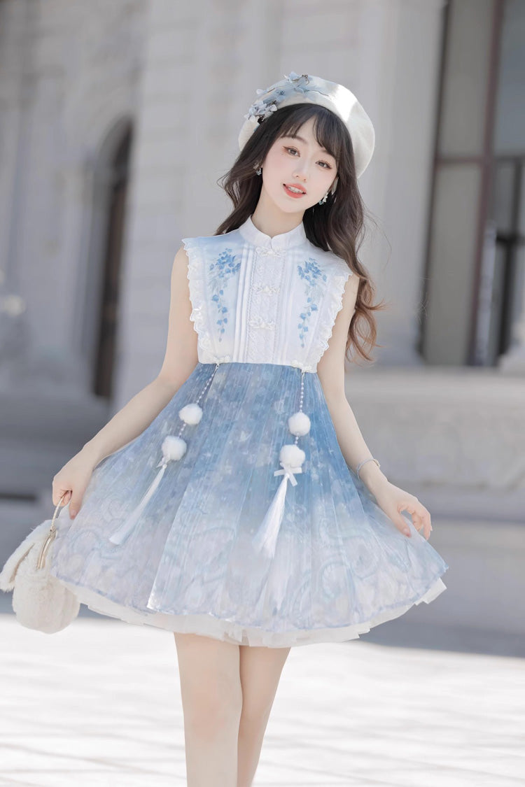 Lolita JSK Dress - White/blue, 2 Colors, Chinese-Inspired Style, Ruffled, Printed - additional product view 10