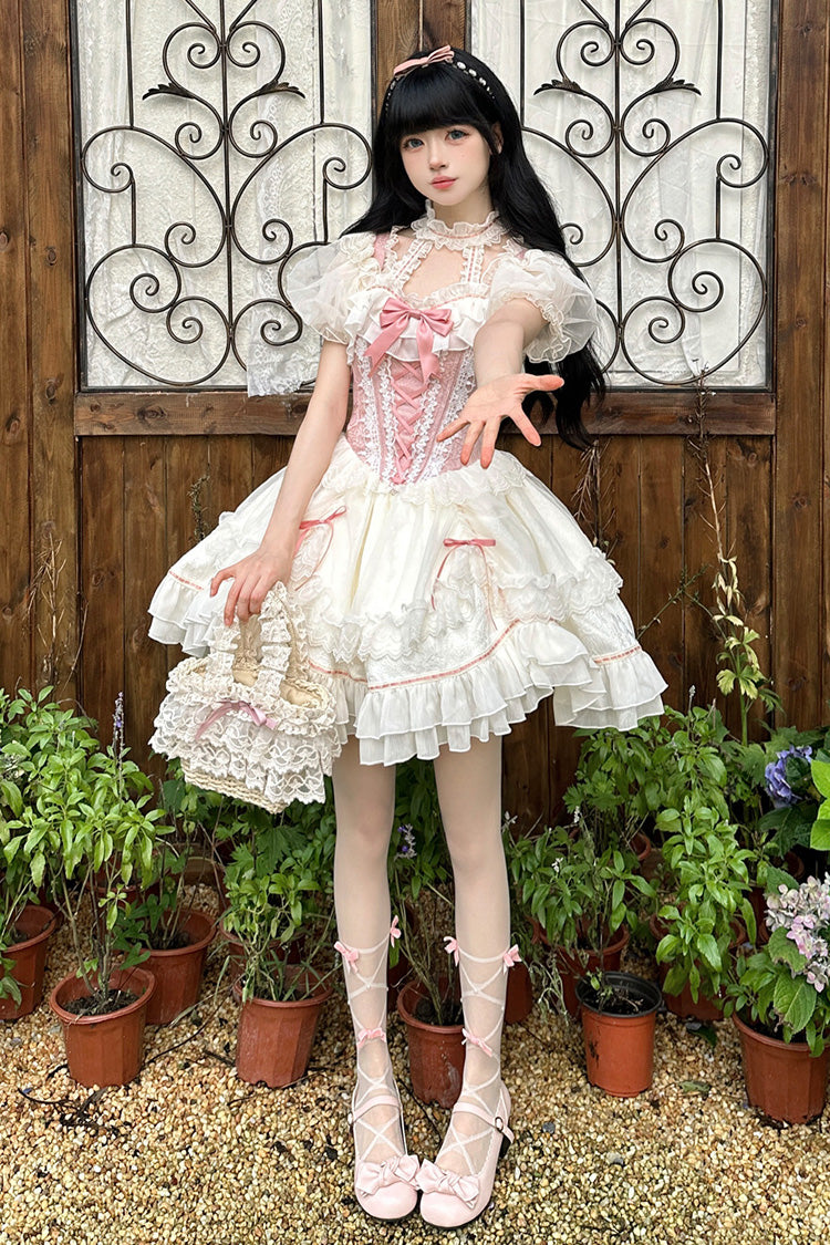 Lolita JSK Dress - White/pink Secret Garden, 2 Colors, Lace-Up, Sweet Style, Bow Detail - additional product view 10