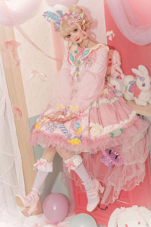 Lolita Jumper Skirt - Candy Party, Pink, Bow Detail, Lace Trim, Ruffled - additional product view 3