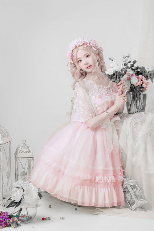 Lolita Jumper Skirt - Chiffon High Waist Multi-layer, Pink, Sweet Style, Ruffled - additional product view 3