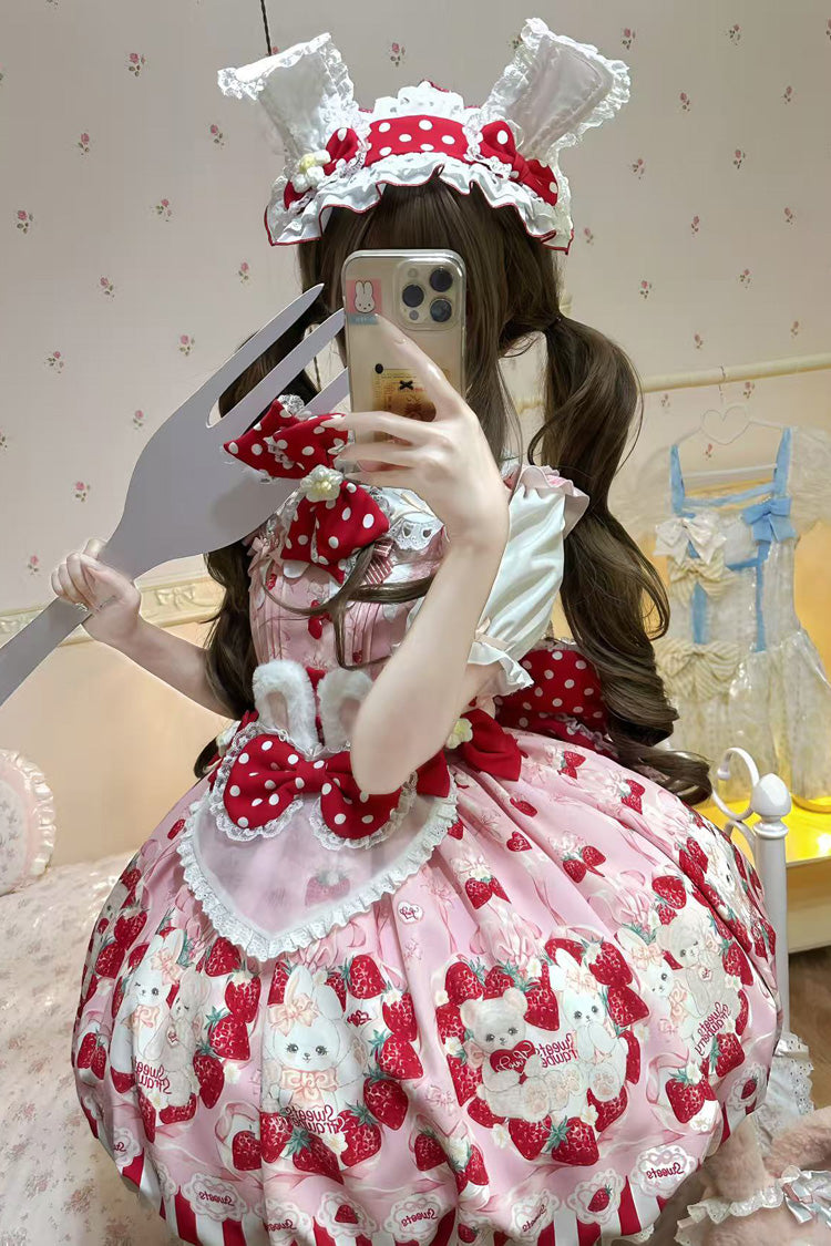 Lolita Jumper Skirt - Cream Rabbit Strawberry, 2 Colors, Printed, Sweet Style, Bow Detail - additional product view 7