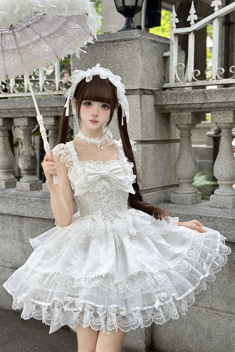 Lolita Jumper Skirt - Fleishi Island, White, Ballet-Inspired Style, Bow Detail, Lace Trim - additional product view 9