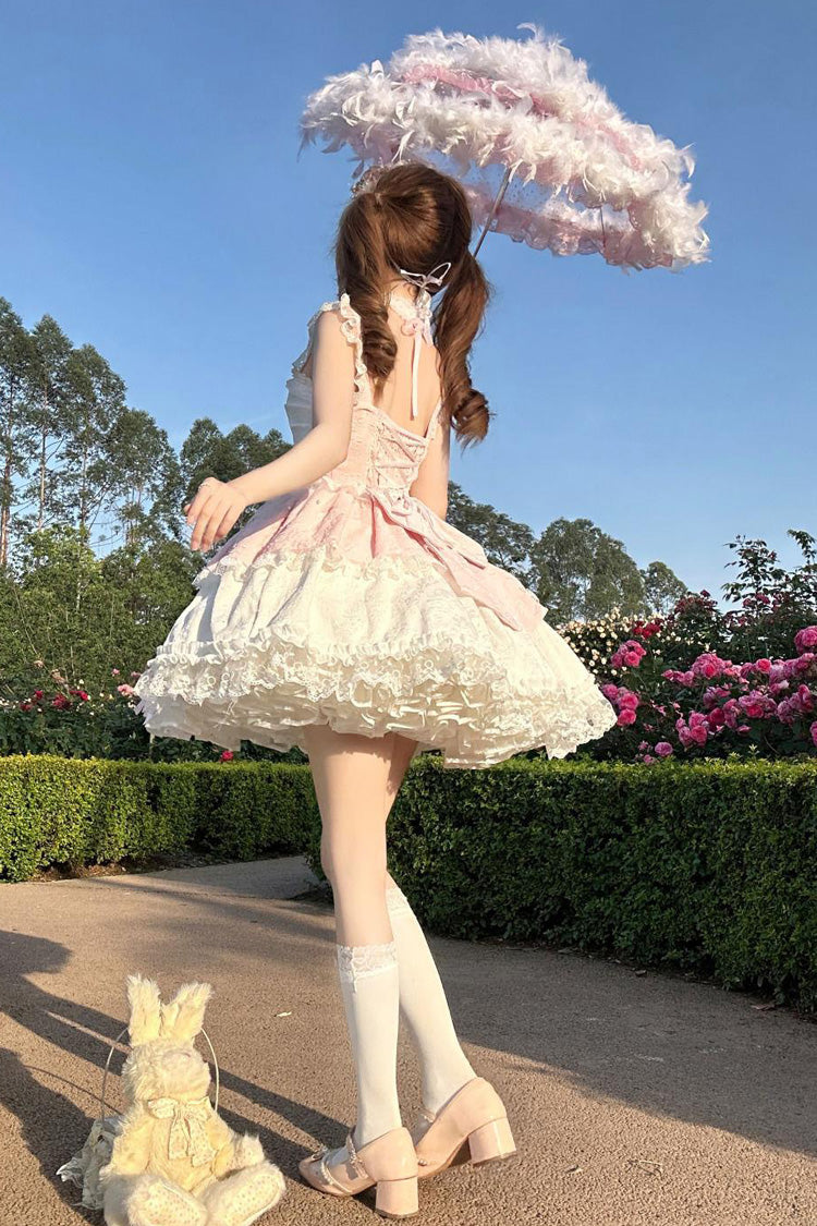 Lolita Jumper Skirt - Leiffu, Pink, Lace Trim, Ruffled, Lace-Up - additional product view 6