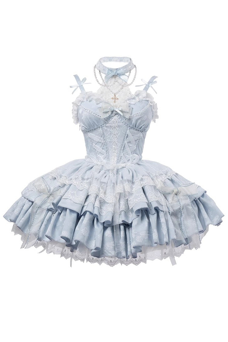 Lolita Jumper Skirt - Light Blue Halterneck, Blue, Bow Detail, Lace Trim, Ruffled - additional product view 5