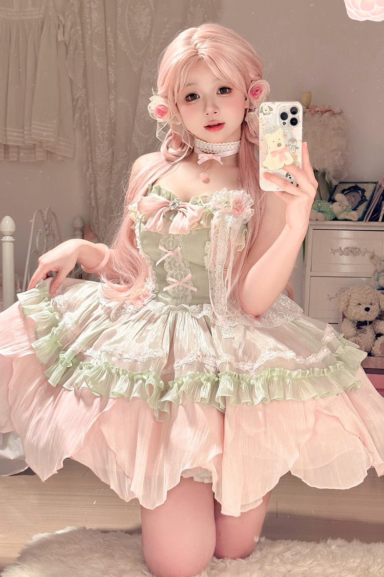 Lolita Jumper Skirt - Pink/green Summer Garden, 2 Colors, Short Length, Bow Detail - additional product view 11
