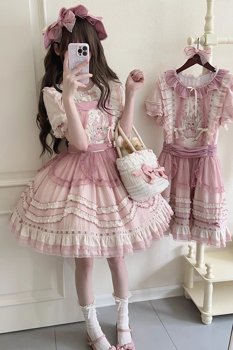 Lolita Jumper Skirt - Rabbit Print, Pink, Bow Detail, Lace Trim, Ruffled - additional product view 9
