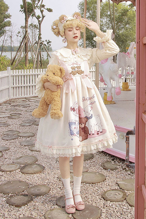Lolita Jumper Skirt - Sheep & Bear Print Alice Girl, Ivory, Sweet Style, Bow Detail - additional product view 5