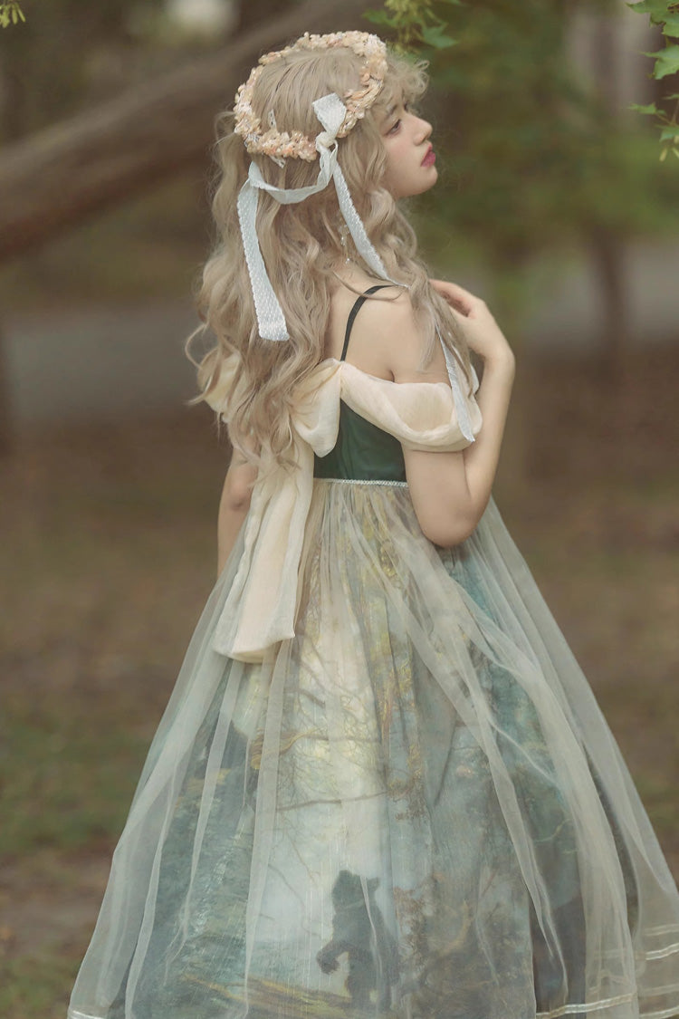 Lolita Jumper Skirt - V Collar Morning In Pine Forest, Green, Printed, Sweet Style - additional product view 6