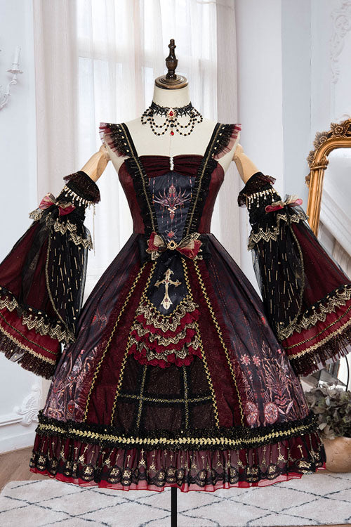 Lolita Jumper Skirt - Wine Vintage Hanayome Eye Of Red, Red, Ruffled, Classic Style - additional product view 6