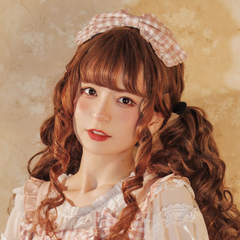 Lolita Lace Headbow - Brown/pink Plaid Print, 2 Colors, Plaid, Bow Detail, Printed - main product image