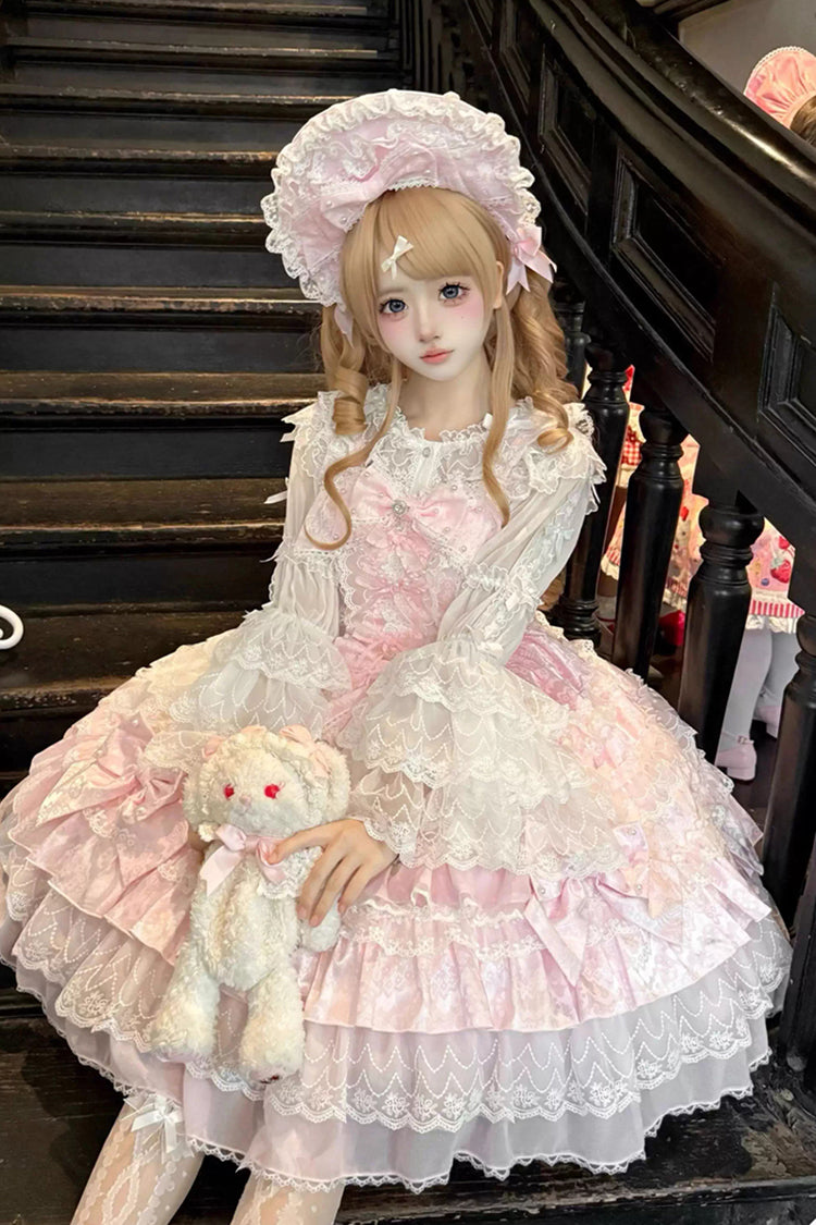 Lolita Lace Headbow - Dream-sinking Pearl Veil, Pink, Layered, Sweet Style, Bow Detail - additional product view 5