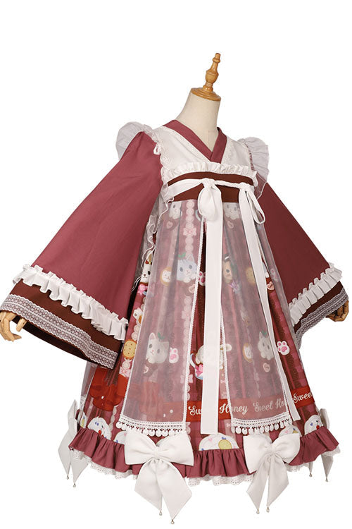 Lolita OP Dress - Dark Red Cat Print Chinese Style, Red, High Waist, Bow Detail - additional product view 6