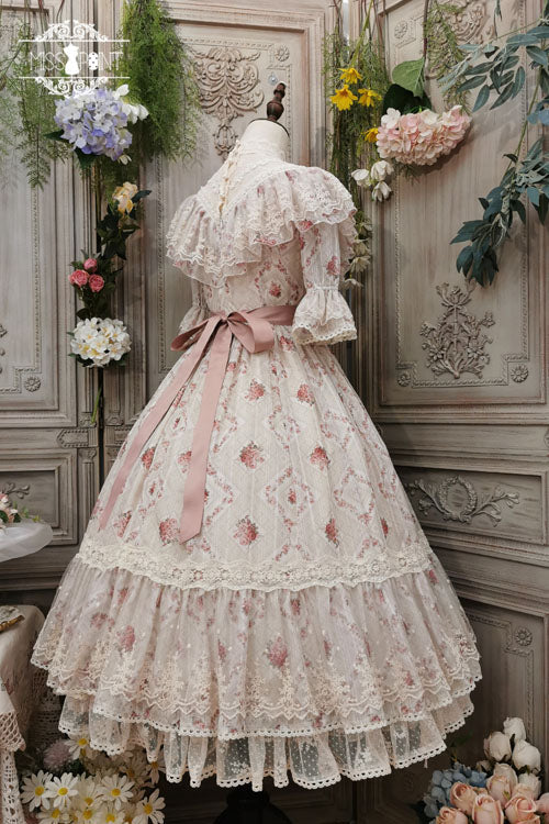 Lolita OP Dress - Elegant Vintage Rose Flowers, Ivory, Ruffled, Printed, Embroidered - additional product view 6