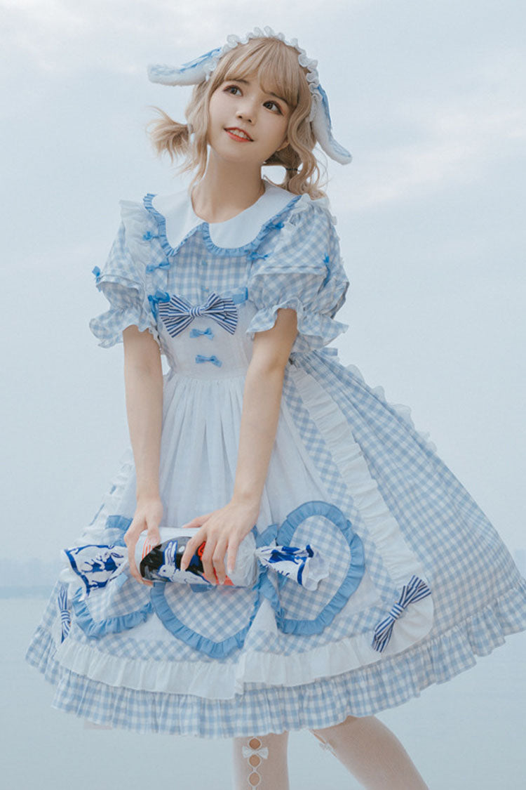 Lolita OP Dress - Light Blue Love Plaid Print, Blue, Plaid, Bow Detail, Printed - additional product view 4