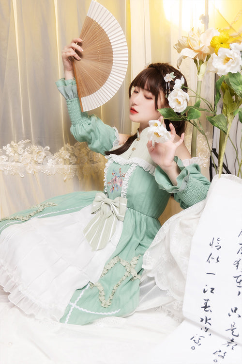 Lolita OP Dress - Off The Shoulder, Green, Embroidered, Long Sleeves, Sweet Style - additional product view 3