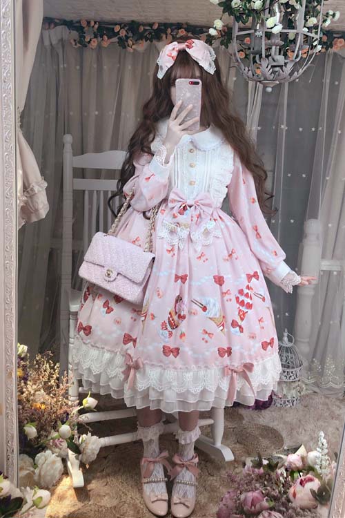 Lolita OP Dress - Strawberry Print Doll Collar, Pink, Lace Trim, Printed, Long Sleeves - additional product view 2