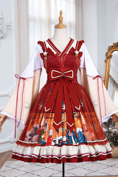 Lolita OP Dress - Wine Ukiyolu Cat Print, Wine, Bow Detail, Ruffled, Printed - additional product view 6