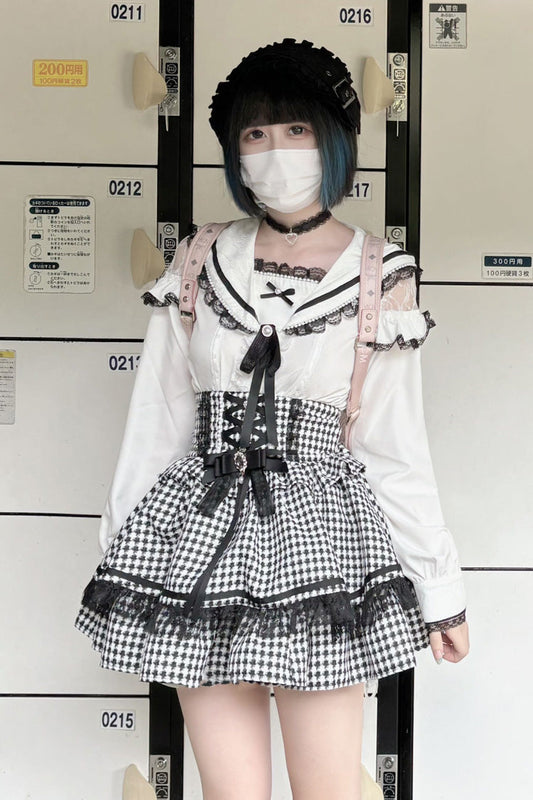 Lolita Skirt - Black/white Houndstooth Print, 2 Colors, Lace Trim, Ruffled, Printed - additional product view 2