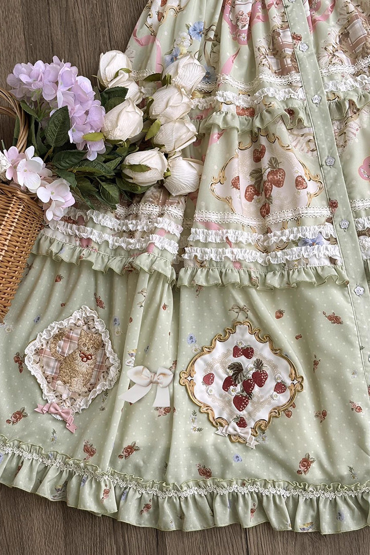 Lolita Skirt - Cat Rose Tea, Green, Printed, Sweet Style, Lace Trim - additional product view 7