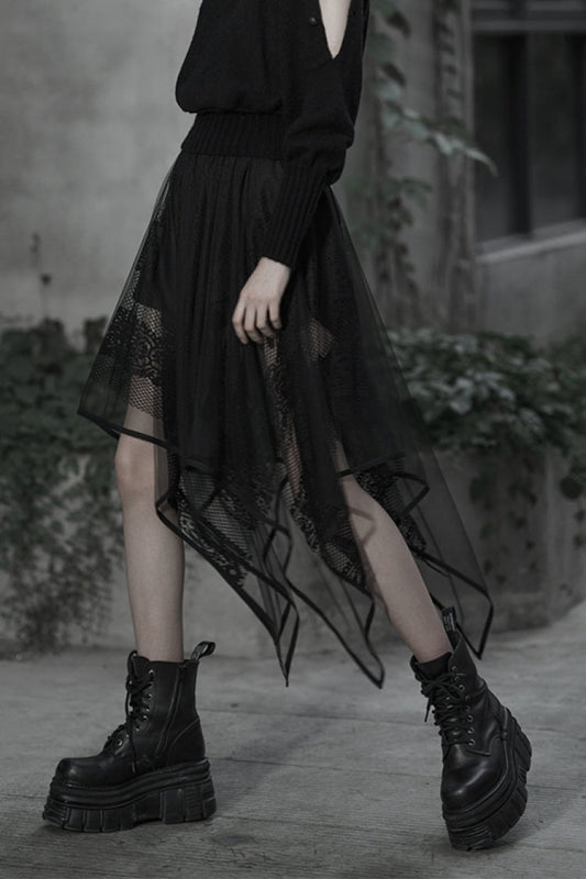 Lolita Skirt - Embroidery Lace Asymmetric Hem, Black, Women's Style, Lace Trim - additional product view 2
