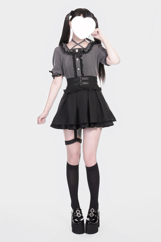 Lolita Skirt - Leather Buckle Leg Ring, Black, Buckle Detail, Ruffled, Layered - additional product view 2