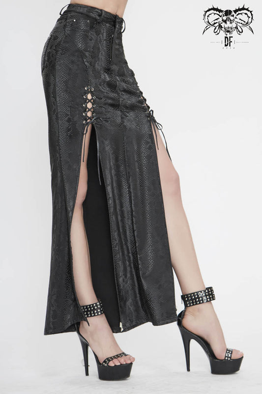 Lolita Skirt - Snake Like Leather Side Slit Hem, Black, Slit Detail, Women's Style - additional product view 2