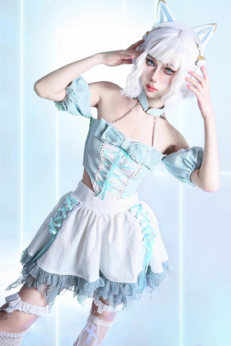 Lolita Skirt - Virtual Idol, White, Lace Trim, Ruffled, Lace-Up - additional product view 7