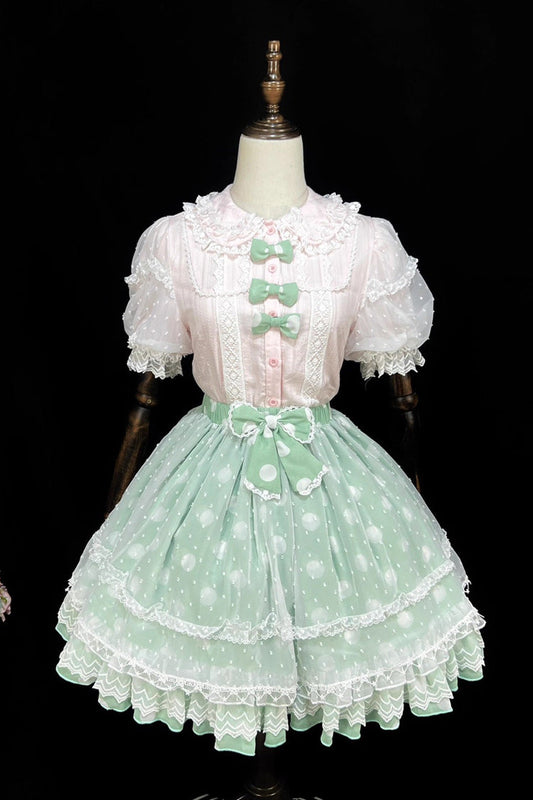 Lolita Skirt - Wave Candy, 3 Colors, Layered, Sweet Style, Bow Detail - S Green / L Green option