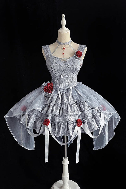 Lolita Skirt - Weeping Rose Double-layered, 4 Colors, Lace Trim, Ruffled, Embroidered - XS Blue/Grey / S Blue/Grey / M Blue/Grey option