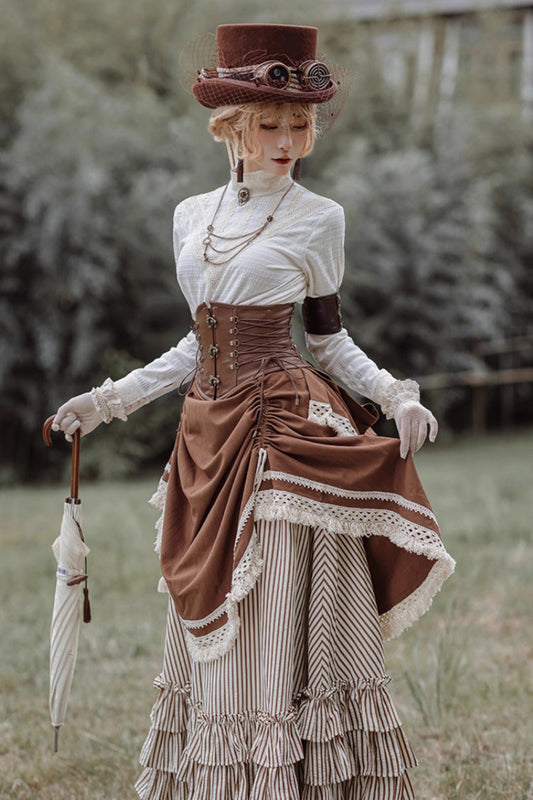 Lolita Skirt - White/brown Victorian Style, 2 Colors, Striped, Printed, Layered - additional product view 2