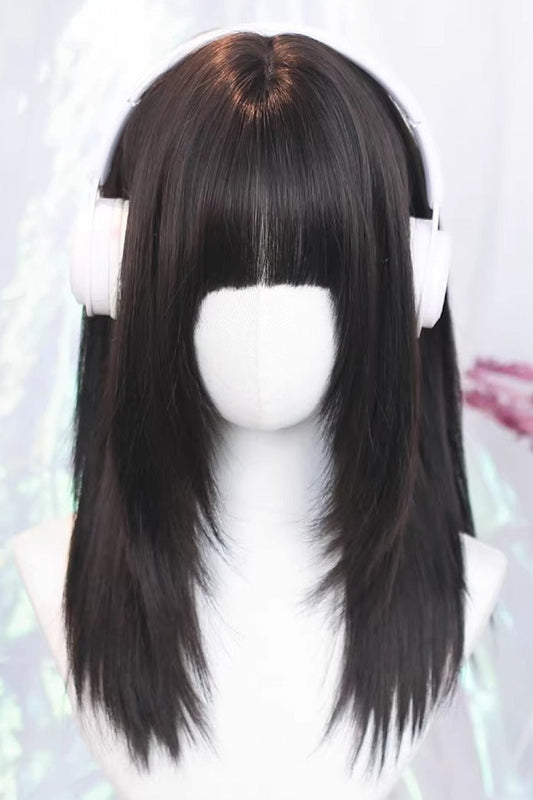 Long Wavy Lolita Wig - Curtain Bangs Straight, 3 Colors, Sweet Style - One-Size Cool-Black-Tea-Brown option