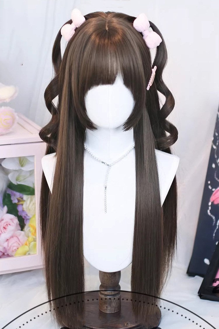 Long Wavy Lolita Wig - Cute Wispy Bangs Straight, 3 Colors, Sweet Style - One-Size Cool-Brown option