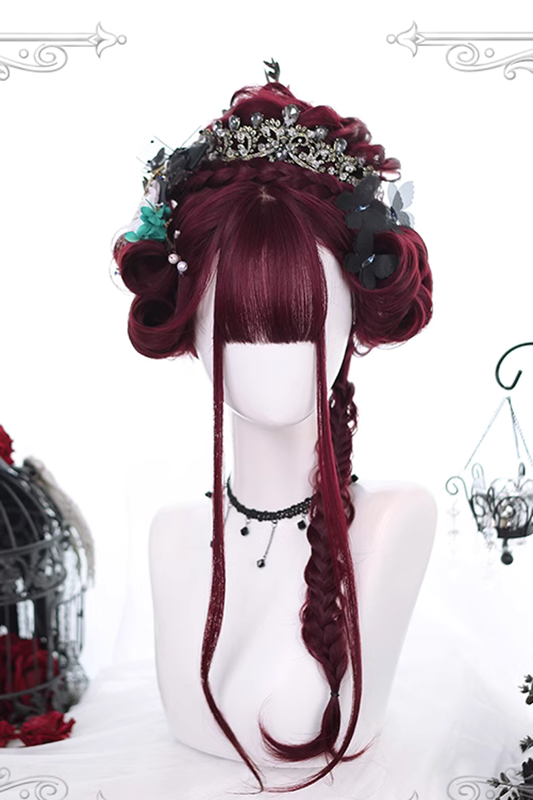 Long Wavy Lolita Wig - Dark Red Hair Tail Layered Curly, Red, Classic Style - additional product view 2