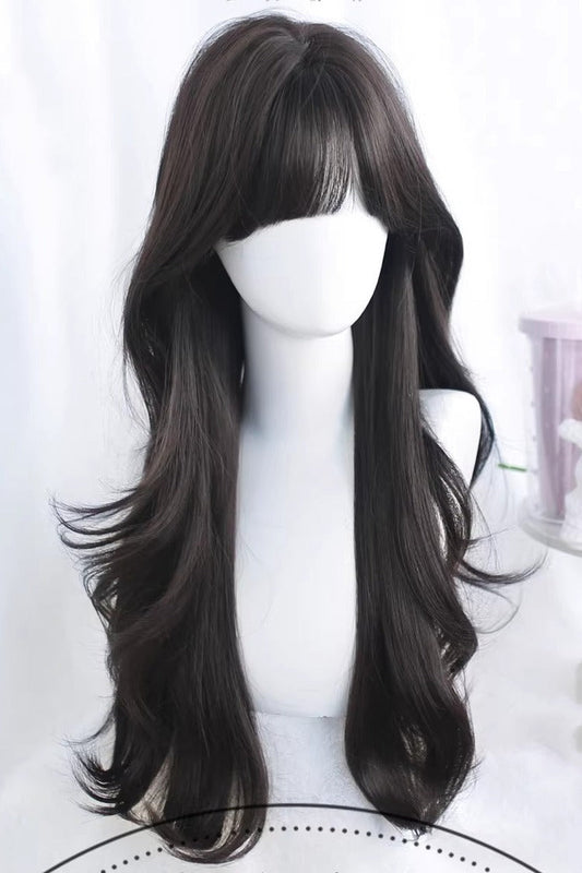 Long Wavy Lolita Wig - Tea Brown Curtain Bangs, 2 Colors, Sweet Style - additional product view 2