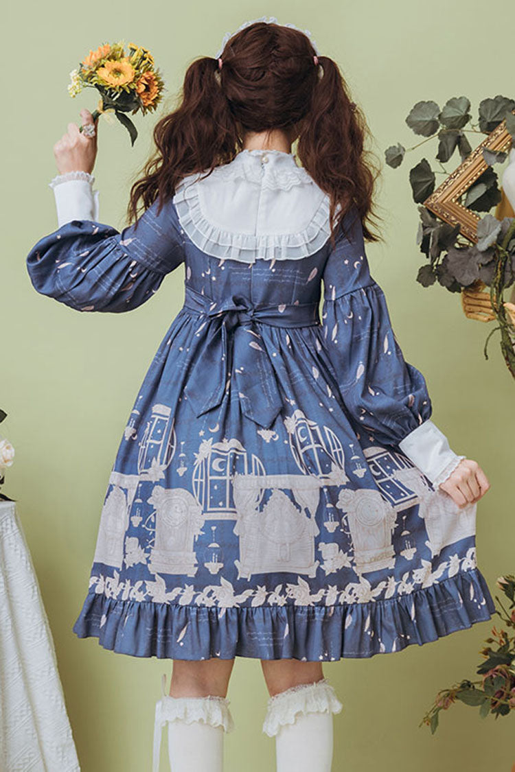 One-Piece Lolita Dress - Dark Blue Classical Alarm Clock, Blue, Long Sleeves, Sweet Style - additional product view 4