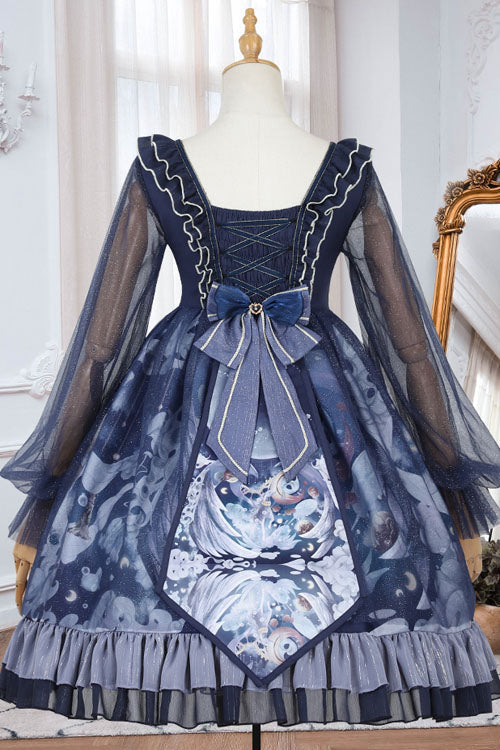 One-Piece Lolita Dress - Dark Blue Unicorn Print, Blue, High Waist, Classic Style, Ruffled - additional product view 6