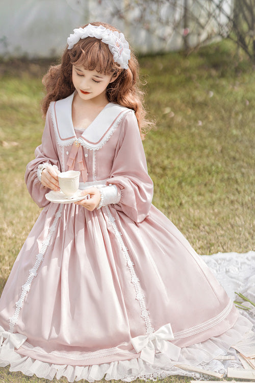 One-Piece Lolita Dress - Doll Collar, Pink, High Waist, Ruffled, Long Sleeves - additional product view 3