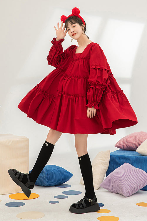 One-Piece Lolita Dress - Square Neck, Red, High Waist, Sweet Style, Ruffled - additional product view 3