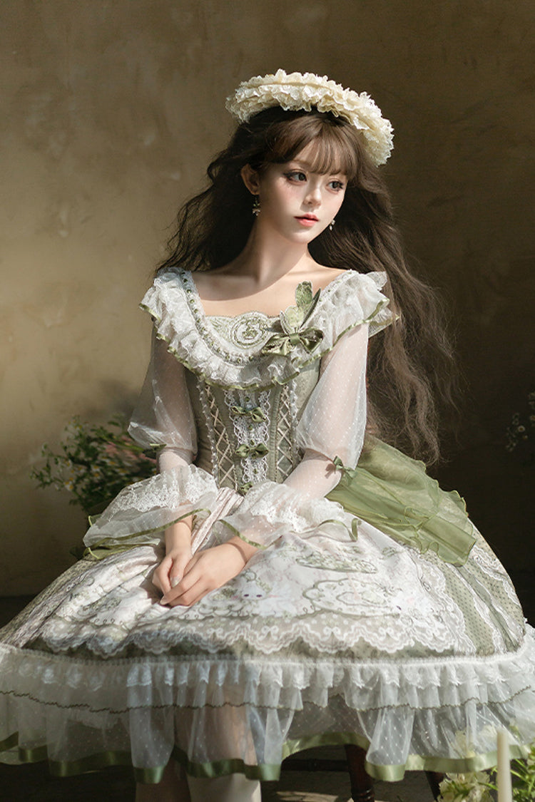 One-Piece Lolita Dress - Teacup Rabbit Little Fresh, Green, Bow Detail, Lace Trim, Ruffled - additional product view 11