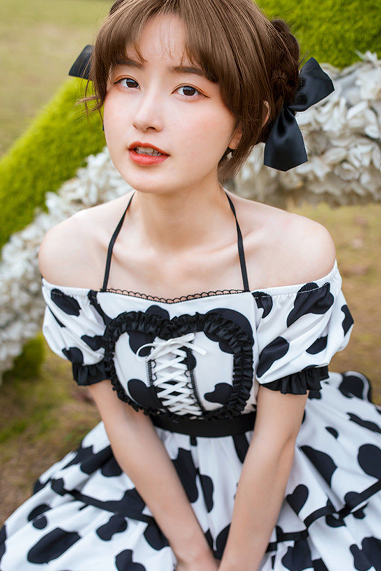 One-Piece Lolita Dress - White/black Halter Neck Puff, 2 Colors, Puff Sleeves, Sweet Style - additional product view 3