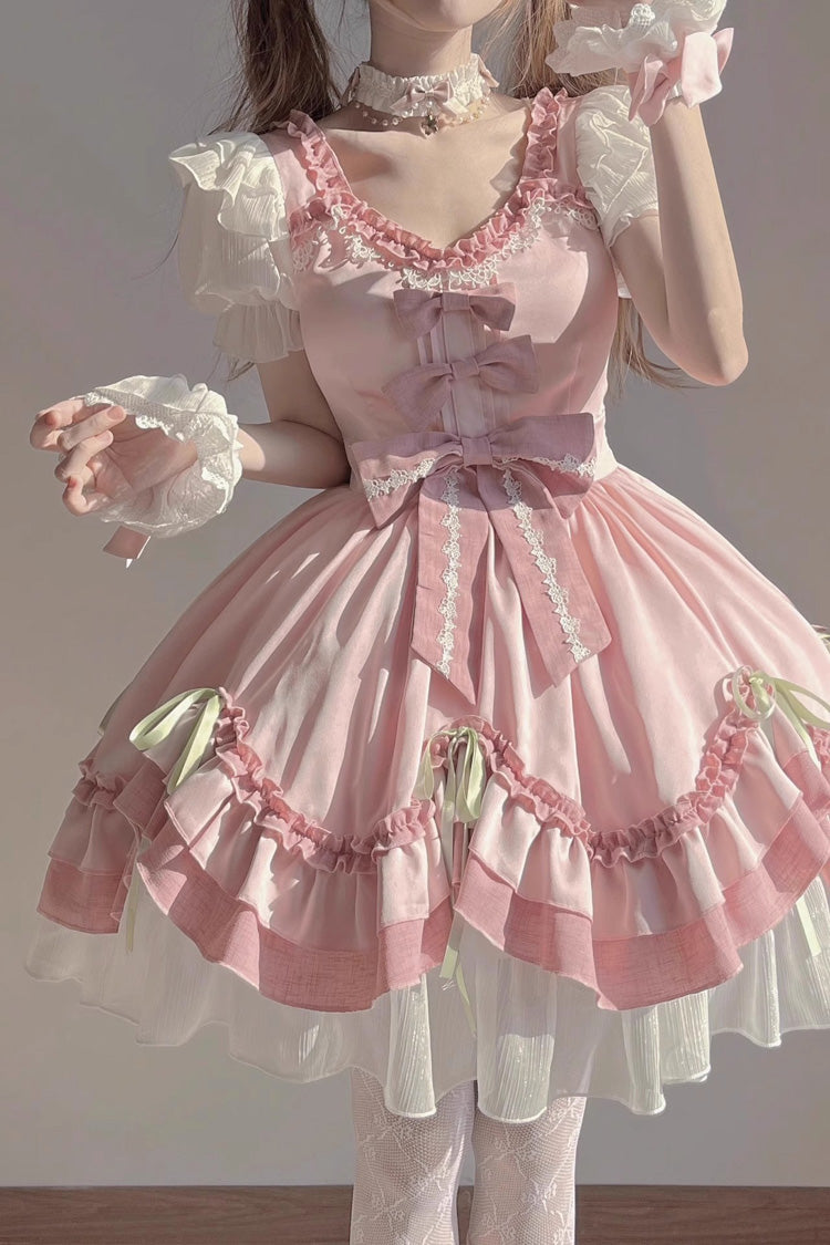 One-Piece Lolita Dress - White/pink, 2 Colors, Bow Detail, Ruffled, Sweet Style - additional product view 5