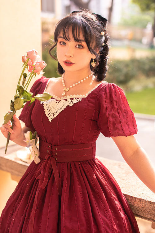 One-Piece Lolita Dress - Wine Elegant Vintage Square, Wine, Square Collar, Classic Style - additional product view 6