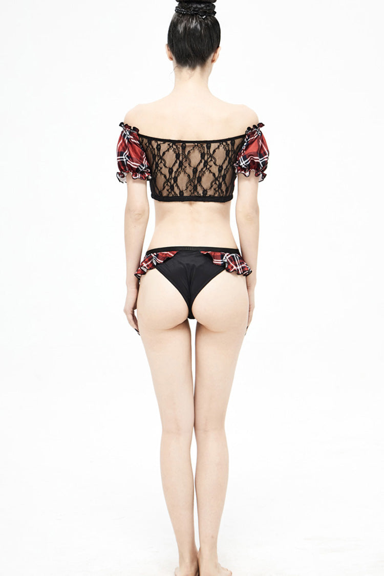 Punk One-Piece Swimsuit - Chest Lace-up Scottish Plaid, Red, Plaid, Women's Style - additional product view 7