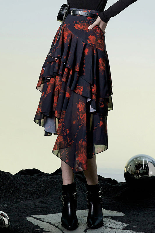 Ruffled Lolita Skirt - Black/red Layered Irregular, 2 Colors, Slit Detail, Women's Style - additional product view 2